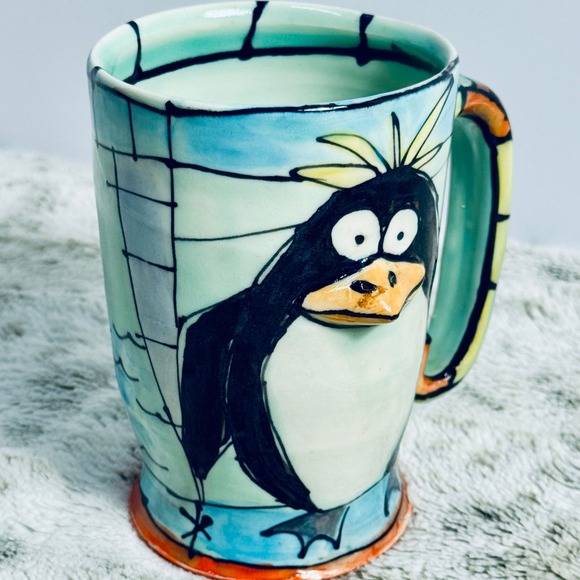 Whimsical Penguin Art Pottery Mug Colorful Quirky Angie Signed Ceramic 3D Funky - Picture 1 of 7